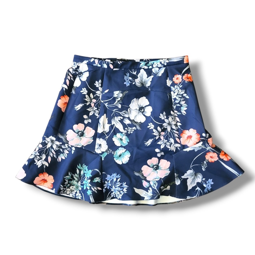 Zara Navy Blue Floral Scallop Hem Skirt Elastic Waist Womens Size 5